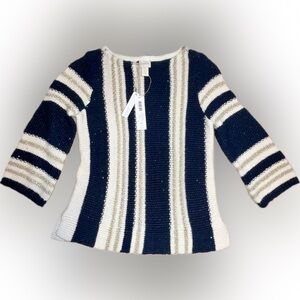 Chico’s Elin Shine Pullover Sweater -Striped Navy Ecru Gold, Sequins in Navy Sz0